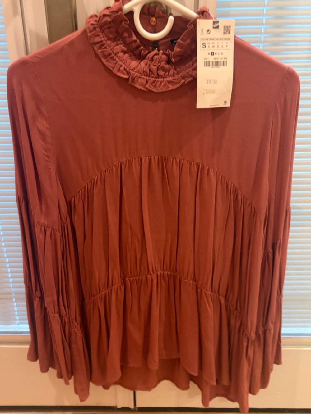 Zara Dusty Rose Ruffled High-Neck Peasant Blouse